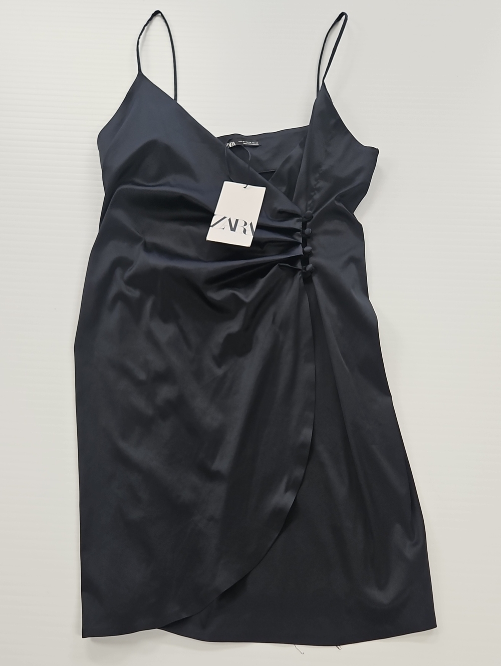 ZARA Black Satin Mini Slip Dress with Side Drape